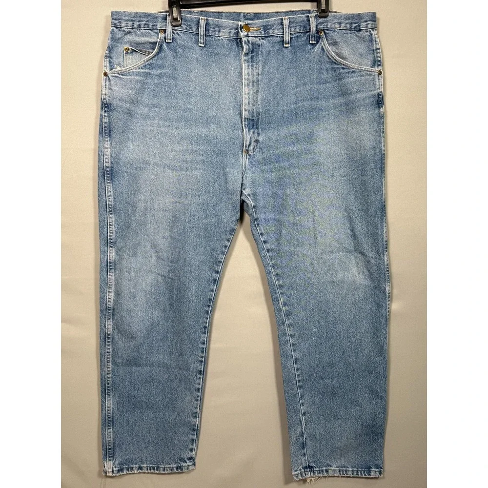 Wrangler Jeans Men 46x29 Blue Distress Straight Leg Classic 100% Cotton Rise 14